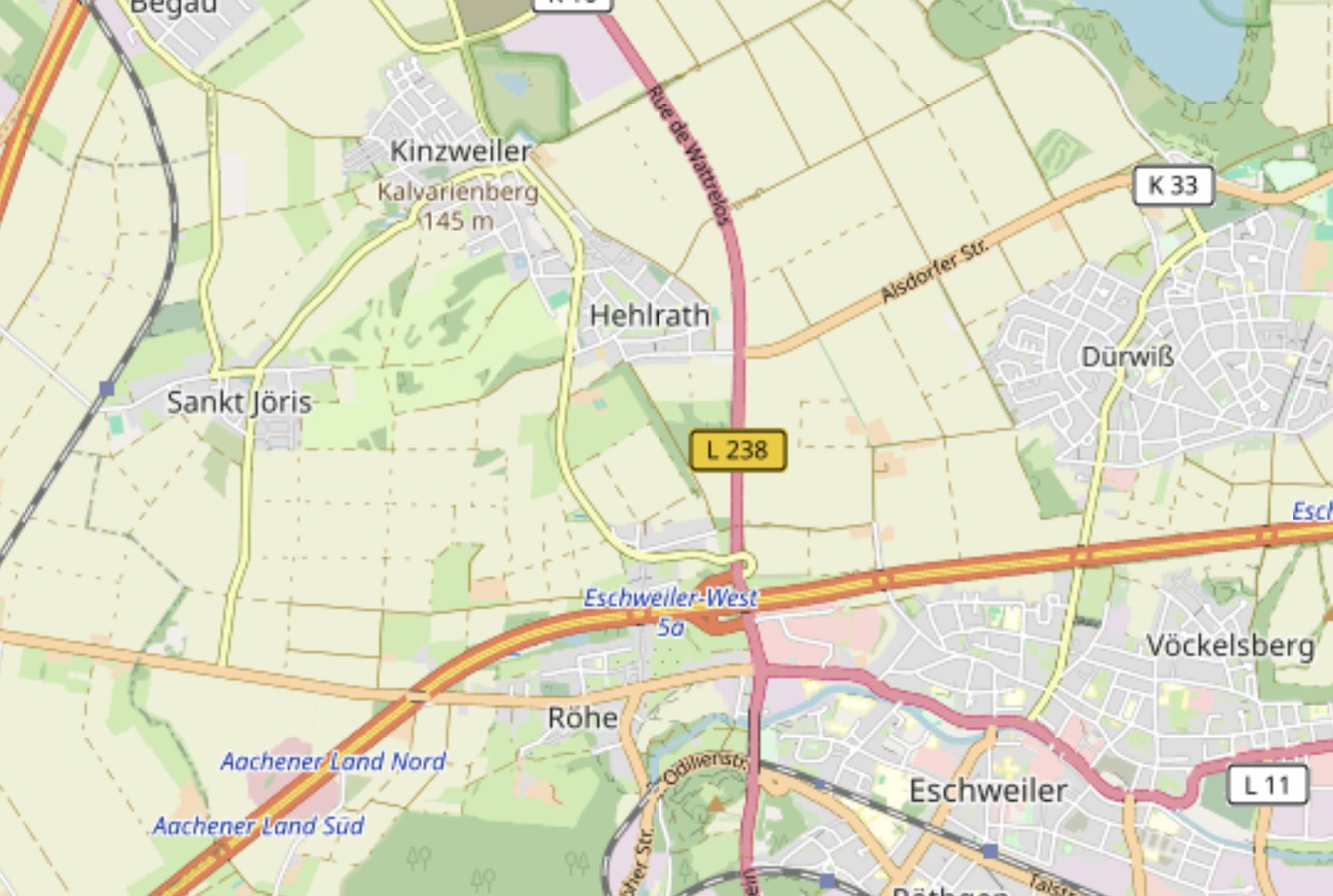 Karte des Nordwestens von Eschweiler mit den Ortsteilen Kinzweiler, Hehlrath, Sankt Jöris und Röhe